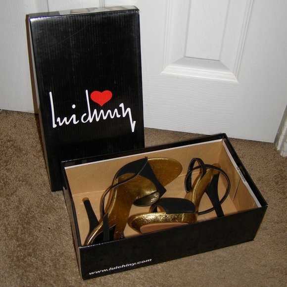 New In Box Sexy Suede Black & Gold Luichiny Heels size 8 - Picture 2 of 15